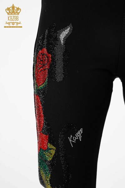 Pantaloni de damă cu ridicata din viscoză brodată cu piatră cu model trandafiri - 3437 | KAZEE - Thumbnail