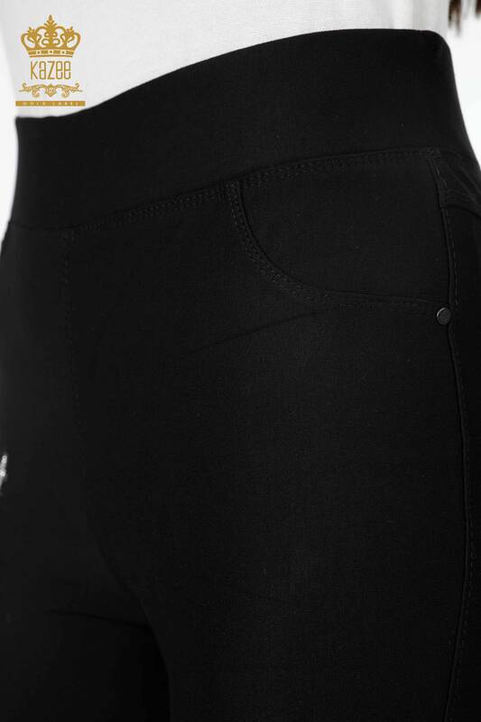 Pantaloni de damă cu ridicata din viscoză brodată cu piatră cu model trandafiri - 3437 | KAZEE
