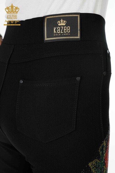 Pantaloni de damă cu ridicata din viscoză brodată cu piatră cu model trandafiri - 3437 | KAZEE - 8