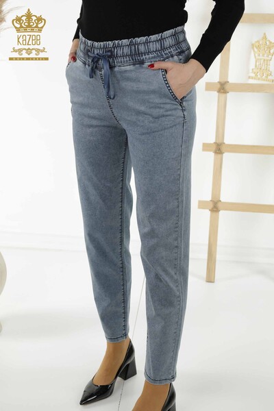 Pantaloni de damă cu ridicata cu piatră brodată bleumarin - 3674 | KAZEE - Thumbnail