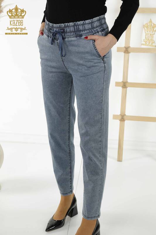 Pantaloni de damă cu ridicata cu piatră brodată bleumarin - 3674 | KAZEE