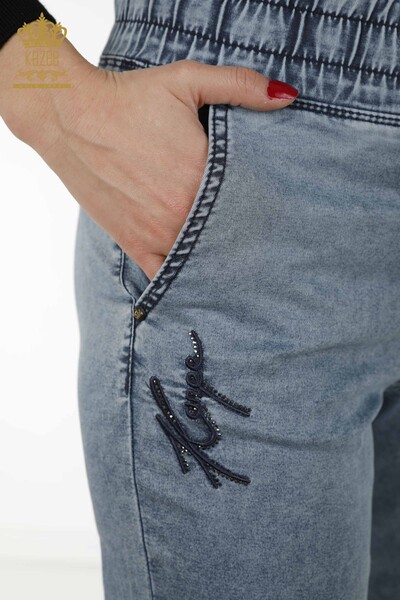 Pantaloni de damă cu ridicata cu piatră brodată bleumarin - 3674 | KAZEE - Thumbnail
