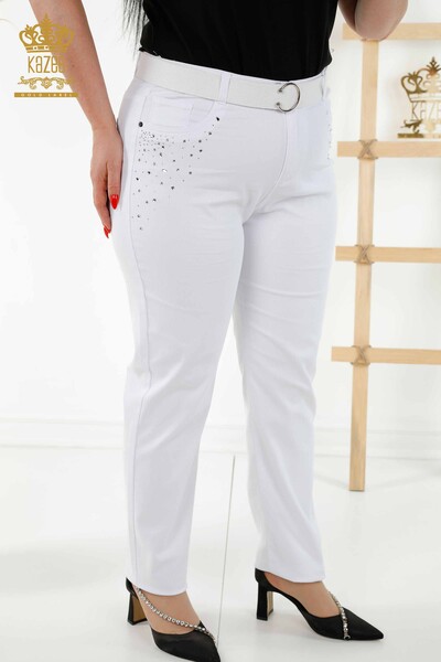 Kazee - Pantaloni en-gros de damă albi cu broderie cu piatră - 3689 | KAZEE (1)