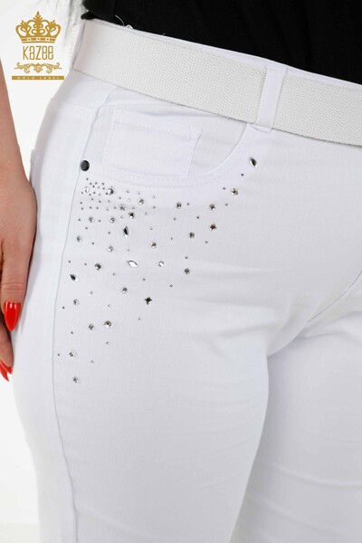 Pantaloni en-gros de damă albi cu broderie cu piatră - 3689 | KAZEE - Thumbnail (2)