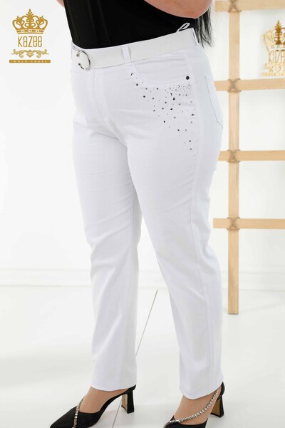 Pantaloni en-gros de damă albi cu broderie cu piatră - 3689 | KAZEE - Thumbnail
