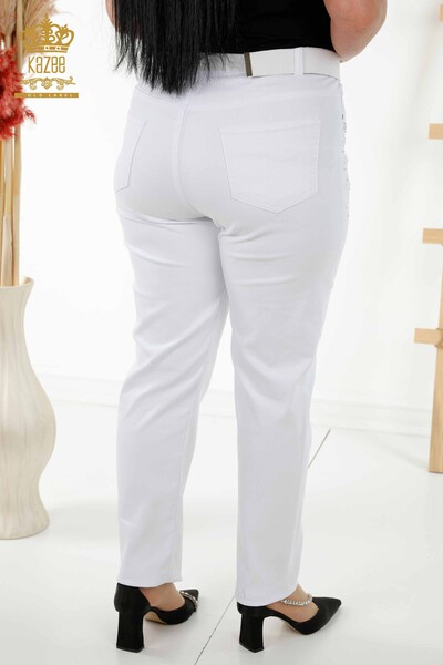 Pantaloni en-gros de damă albi cu broderie cu piatră - 3689 | KAZEE - Thumbnail