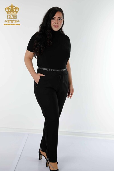 Pantaloni de damă cu ridicata cu piatră brodate negru - 3667 | KAZEE - Thumbnail