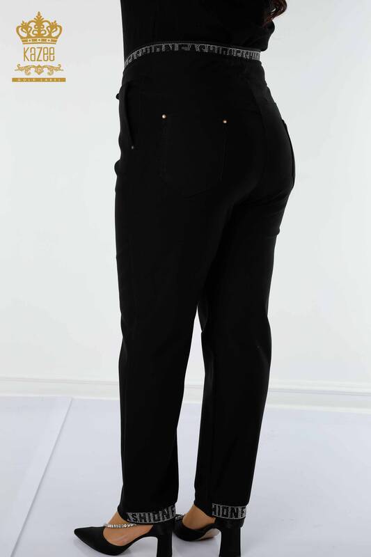 Pantaloni de damă cu ridicata cu piatră brodate negru - 3667 | KAZEE