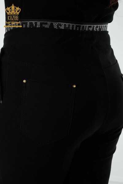 Pantaloni de damă cu ridicata cu piatră brodate negru - 3667 | KAZEE - Thumbnail