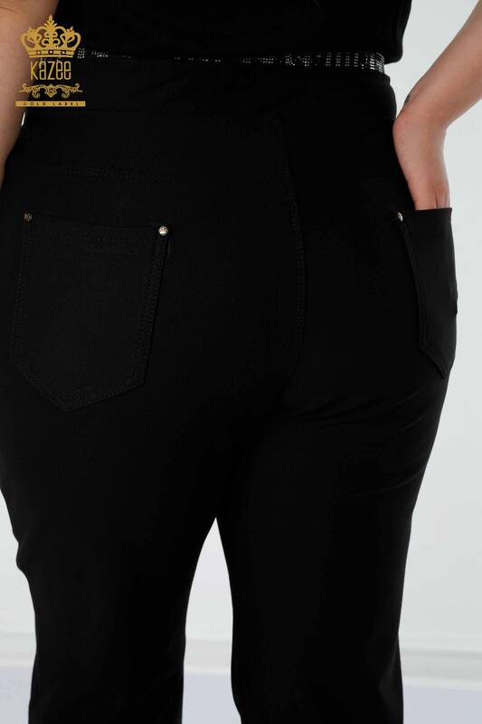 Pantaloni de damă cu ridicata cu piatră brodate negru - 3667 | KAZEE