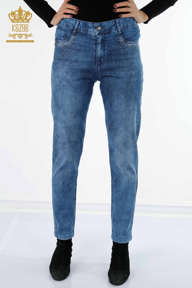 Pantaloni de damă cu ridicata cu detaliu de buzunar brodat cu piatră de cristal - 3483 | KAZEE - 2