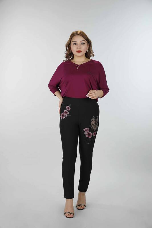 Pantaloni de damă cu ridicata cu model fluture și flori - 3442 | KAZEE