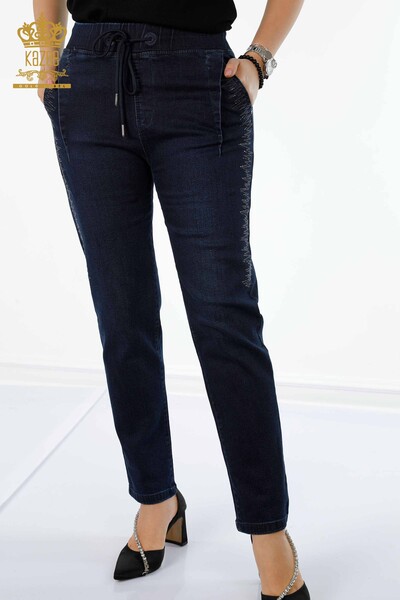 Pantaloni en-gros de damă cu talie elastică Bleumarin - 3651 | KAZEE - Thumbnail