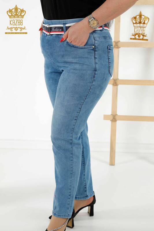 Pantaloni en-gros de damă cu detaliu curea albastru - 3691 | KAZEE