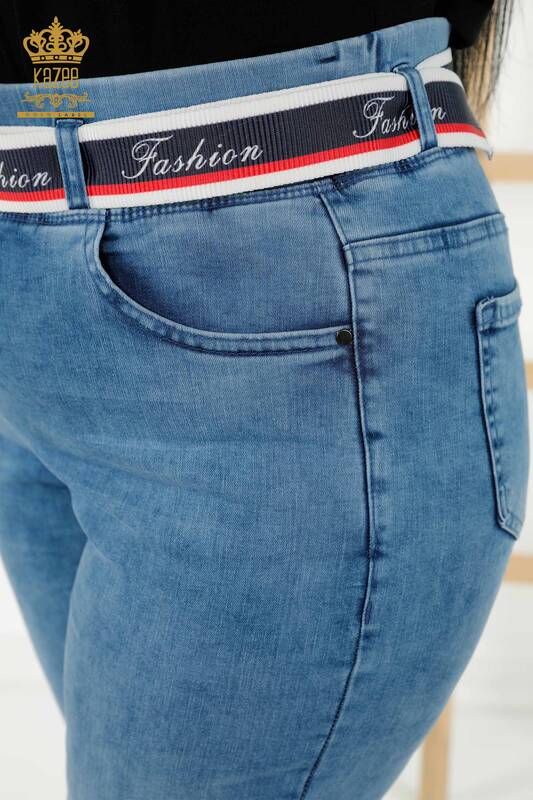 Pantaloni en-gros de damă cu detaliu curea albastru - 3691 | KAZEE