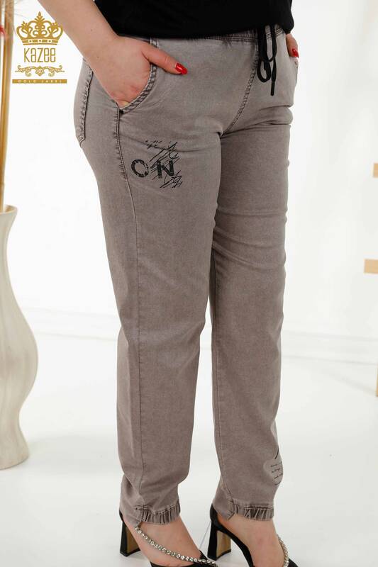 Pantaloni de damă cu ridicata cu talie elastică maro - 3675 | KAZEE