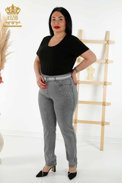 Pantaloni de damă cu ridicata, gri brodat cu piatră - 3689 | KAZEE - 1