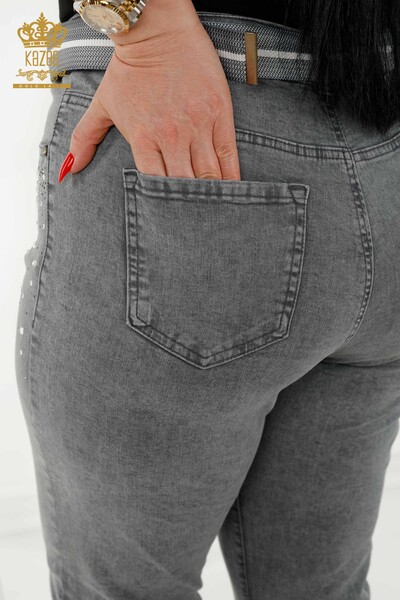 Pantaloni de damă cu ridicata, gri brodat cu piatră - 3689 | KAZEE - Thumbnail