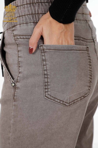 Pantaloni en-gros de damă cu detaliu text, talie elastică și cravată de frânghie - 3499 | KAZEE - Thumbnail
