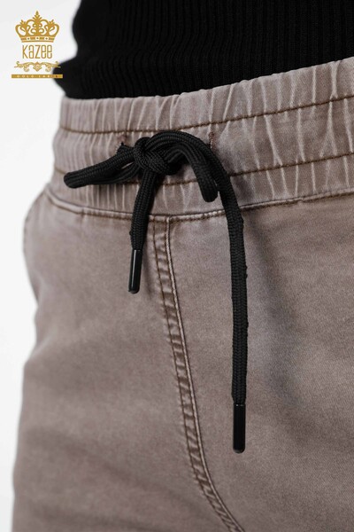 Pantaloni en-gros de damă cu detaliu text, talie elastică și cravată de frânghie - 3499 | KAZEE - Thumbnail