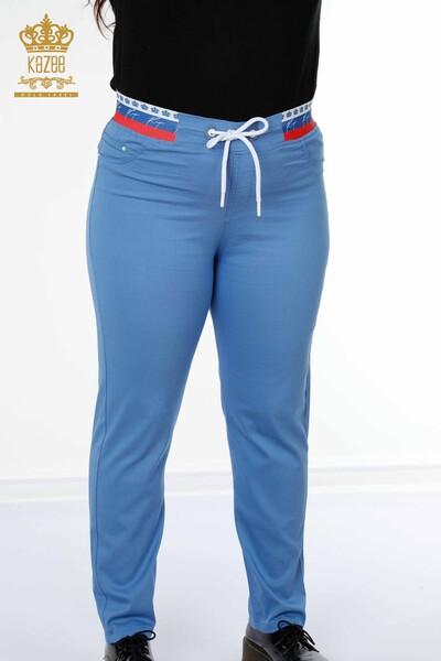 Pantaloni de damă cu ridicata albastru cu talie elastică - 3530 | KAZEE - Thumbnail