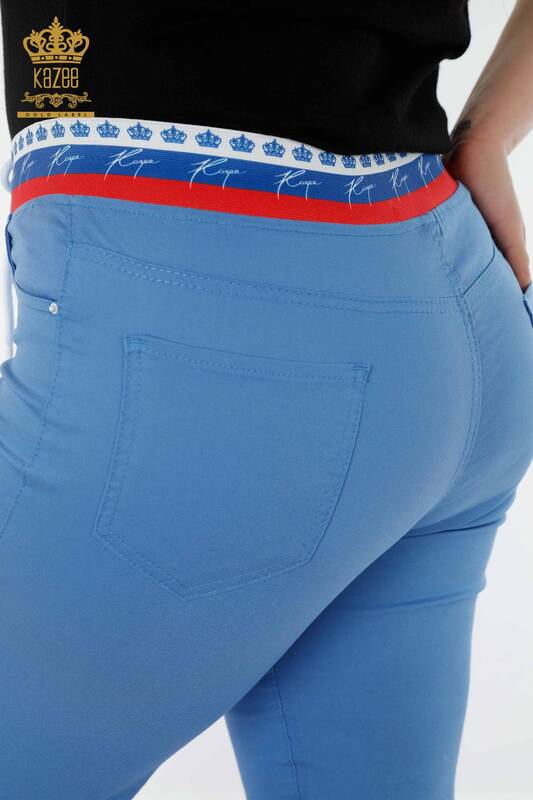 Pantaloni de damă cu ridicata albastru cu talie elastică - 3530 | KAZEE