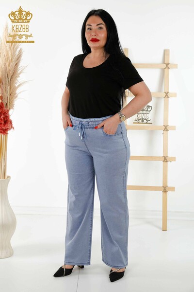 Kazee - Pantaloni de damă cu ridicata albastru cu talie elastică - 3672 | KAZEE
