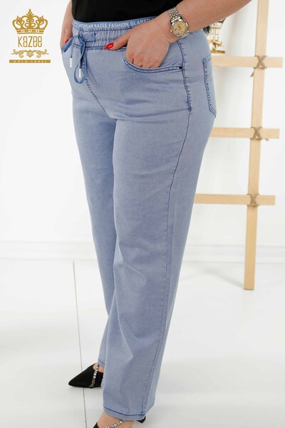 Pantaloni de damă cu ridicata albastru cu talie elastică - 3672 | KAZEE - Thumbnail