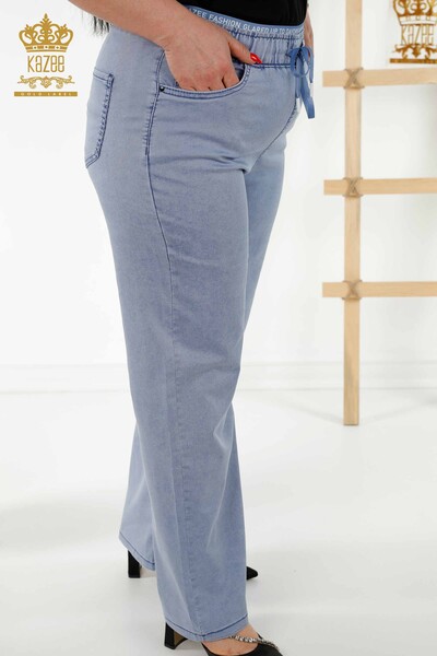 Pantaloni de damă cu ridicata albastru cu talie elastică - 3672 | KAZEE - Thumbnail (2)