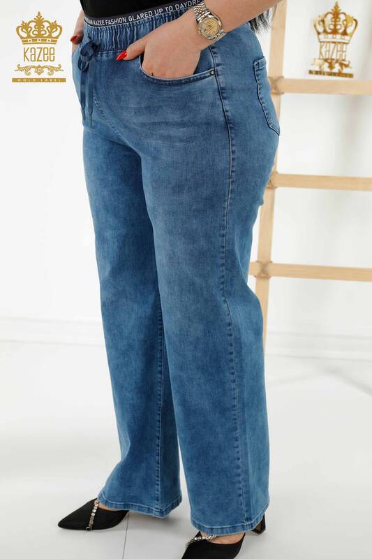 Pantaloni de damă cu ridicata albastru cu talie elastică - 3694 | KAZEE