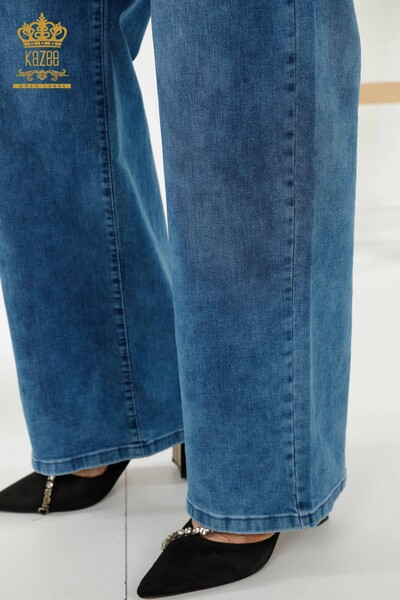 Pantaloni de damă cu ridicata albastru cu talie elastică - 3694 | KAZEE - Thumbnail