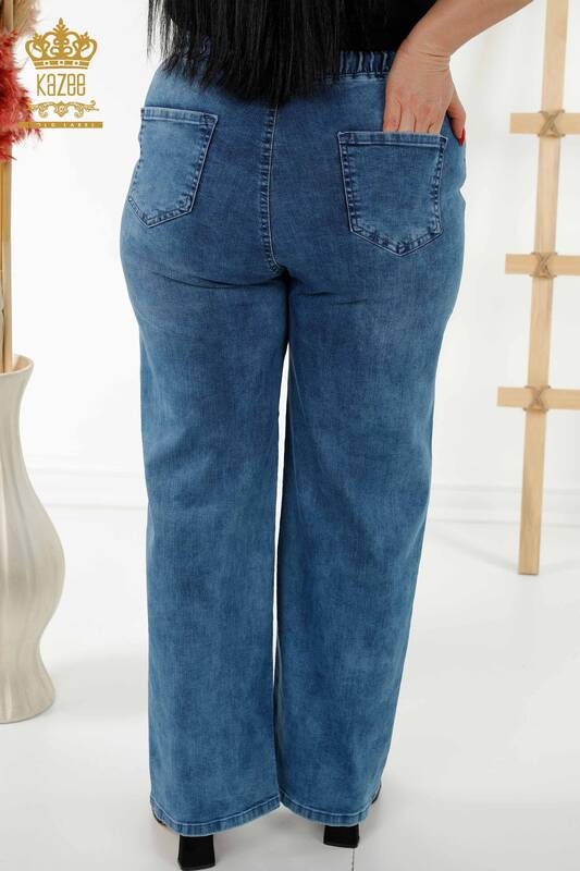 Pantaloni de damă cu ridicata albastru cu talie elastică - 3694 | KAZEE