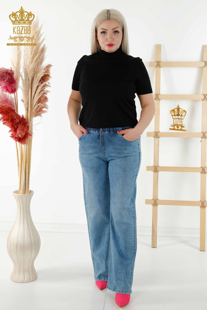 Pantaloni de damă cu ridicata albastru cu talie elastică - 3695 | KAZEE - 1