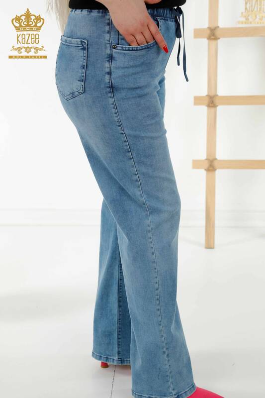 Pantaloni de damă cu ridicata albastru cu talie elastică - 3695 | KAZEE