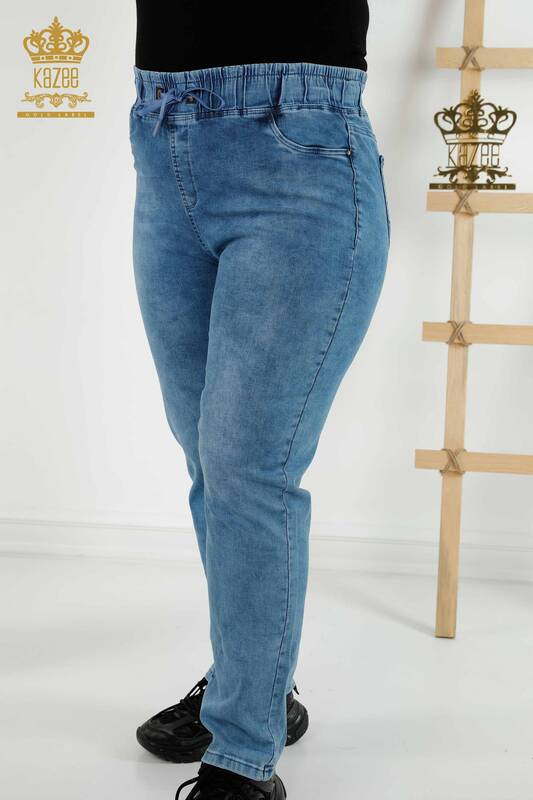 Pantaloni de damă cu ridicata albastru cu talie elastică - 3699 | KAZEE