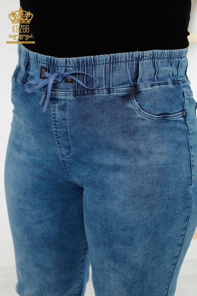 Pantaloni de damă cu ridicata albastru cu talie elastică - 3699 | KAZEE - Thumbnail
