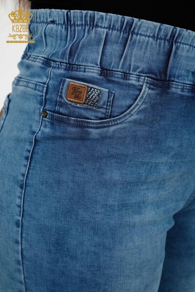Pantaloni de damă cu ridicata albastru cu talie elastică - 3699 | KAZEE - Thumbnail
