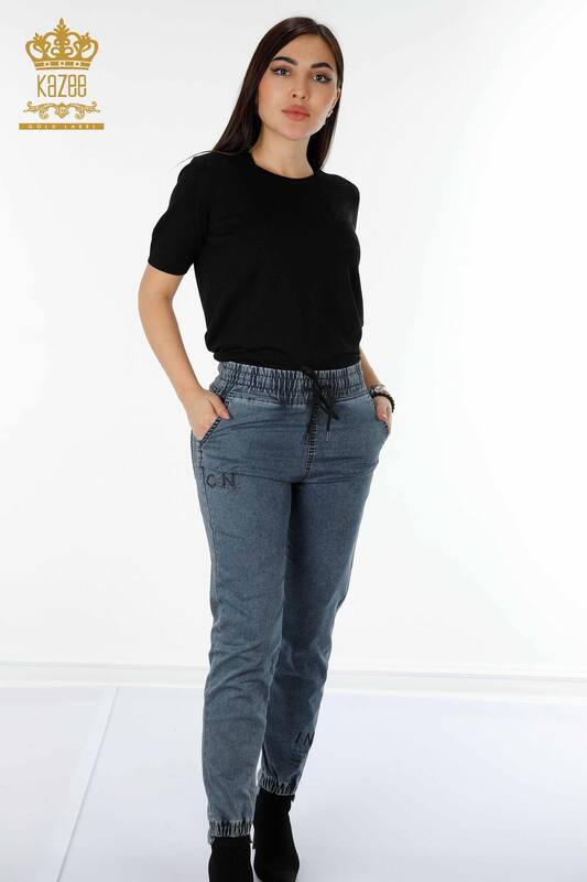 Pantaloni de damă cu ridicata cu talie elastică Bleumarin - 3500 | KAZEE