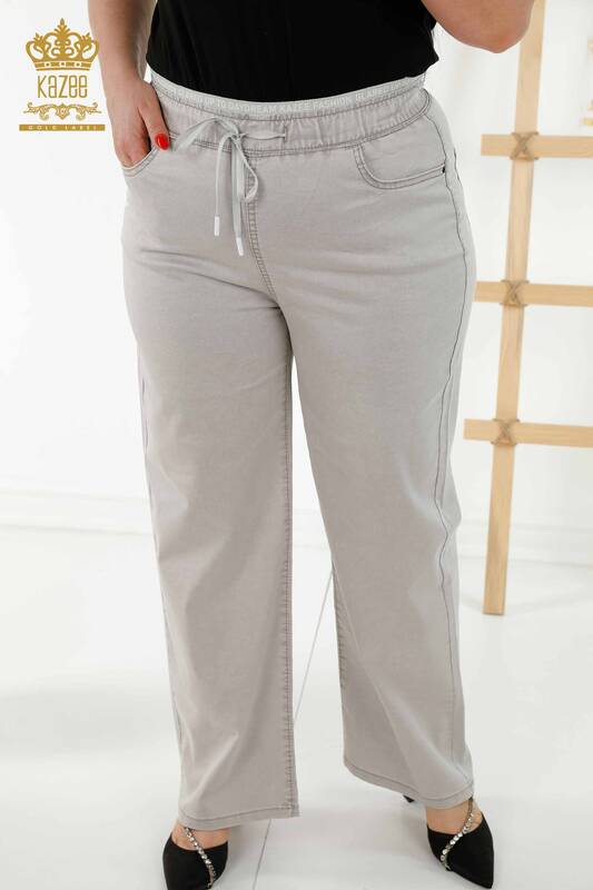 Pantaloni en-gros de damă cu talie elastică bej - 3672 | KAZEE