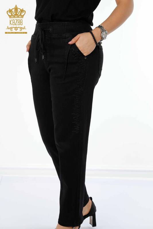 Pantaloni de damă cu ridicata negri cu talie elastică - 3651 | KAZEE