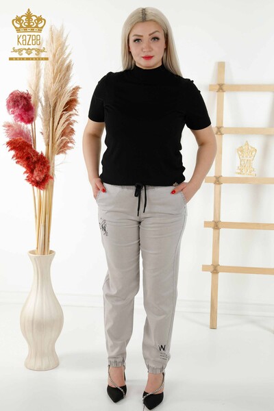 Pantaloni de damă cu ridicata cu talie elastică gri deschis - 3675 | KAZEE - Thumbnail