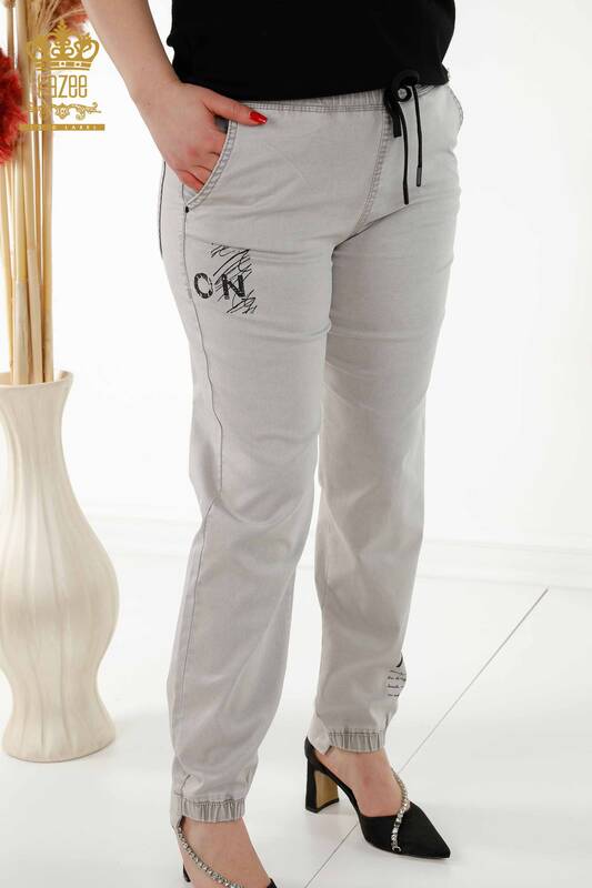 Pantaloni de damă cu ridicata cu talie elastică gri deschis - 3675 | KAZEE