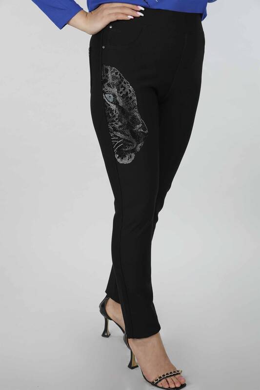 Pantaloni de damă cu ridicata cu broderie din piatră cu model tigru - 3423 | kazee