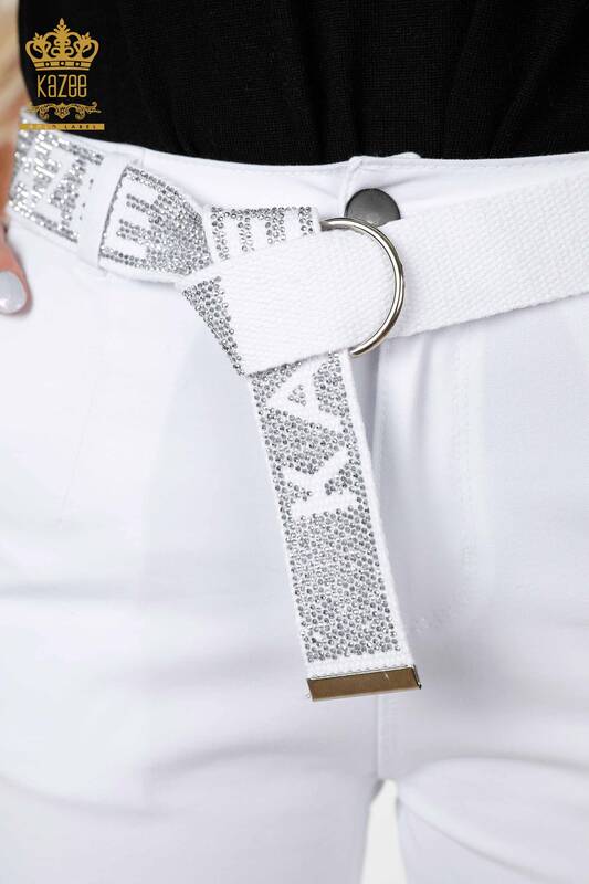 Pantaloni de blugi de damă cu ridicata cu buzunar pentru curea albi - 3498 | KAZEE