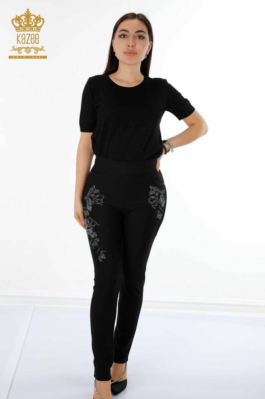 Blugi de damă cu ridicata Pantaloni cu model negri - 3565 | KAZEE