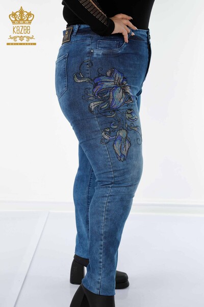 Pantaloni de blugi de damă cu ridicata albastru cu model de flori - 3569 | KAZEE - Thumbnail