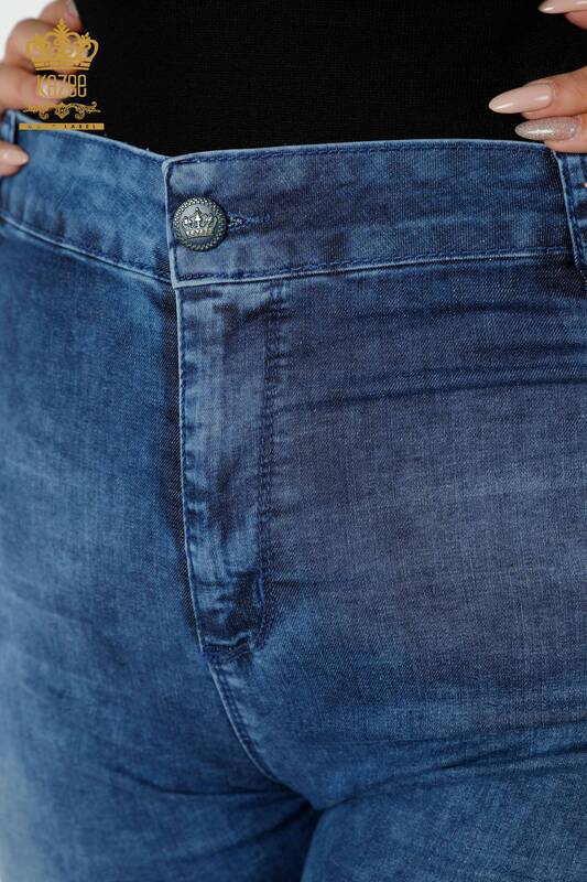 Pantaloni de blugi de damă cu ridicata albastru cu broderie cu piatră de culoare dungi - 3567 | KAZEE