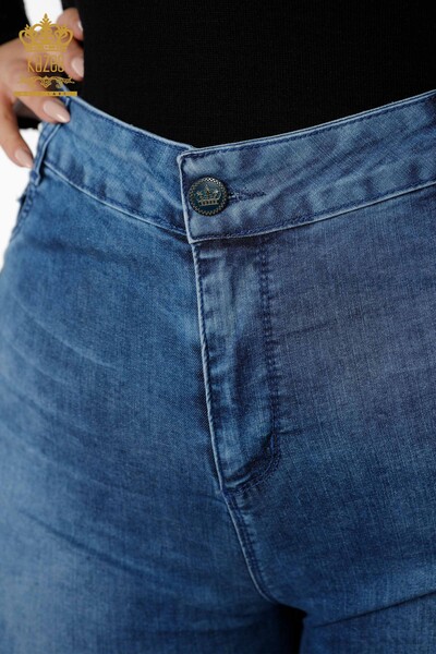 Pantaloni de blugi de damă cu ridicata albastru cu broderie cu piatră de culoare dungi - 3570 | KAZEE - Thumbnail