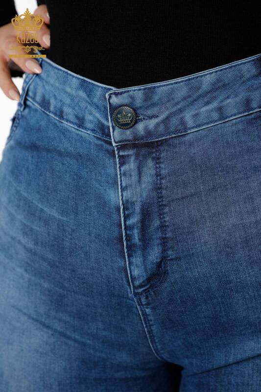 Pantaloni de blugi de damă cu ridicata albastru cu broderie cu piatră de culoare dungi - 3570 | KAZEE