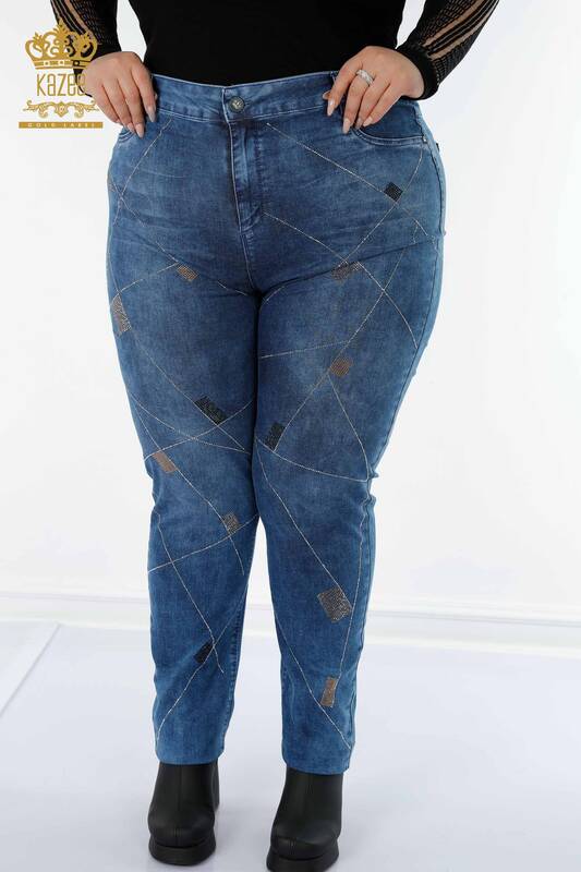 Pantaloni de blugi de damă cu ridicata albastru cu broderie cu pietre de cristal - 3587 | KAZEE